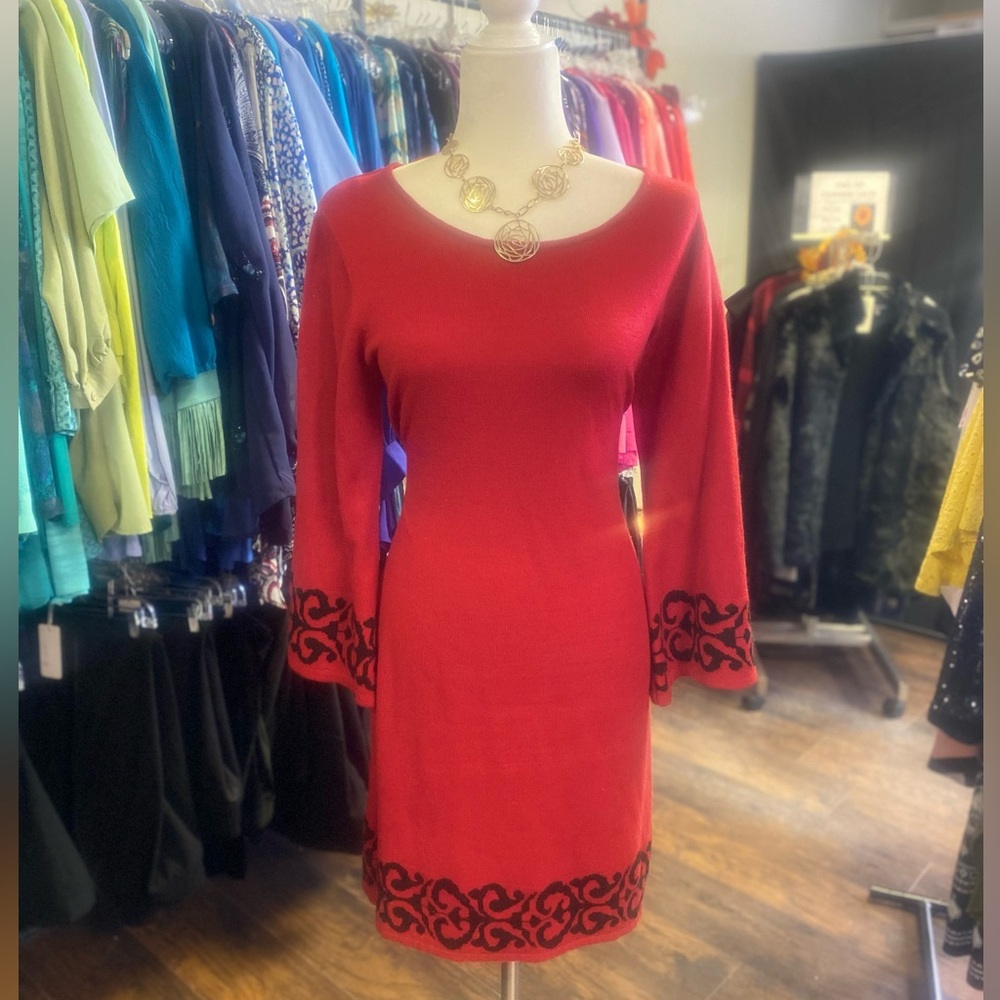 Elegant Red sweater Dress with Black Embroidery